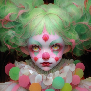 prompt:Clown makeup,Medium shot,Pastel painting of a young female,Twofluorescence angles,Startled look,blackbackground,pale face,huge beautifulround eyes,long cilia,rococo style,fluorescent pink and green,byby Junji ItoInoue Takehiko,Julie Bell,realistichyper-detail,exaggerated perspective,amazing moment,intricate illustrations,dynamic pose,uhd,16k,Higher quality ai3:4sref s.mj.runNSDkjwlopFMs.mj.rungOs5yFQGdAAstylize400niji6