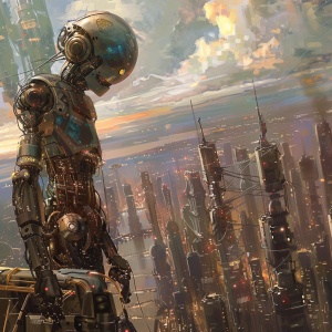 未来世界，人类与机器人共生，城市可以悬浮，充满科技感