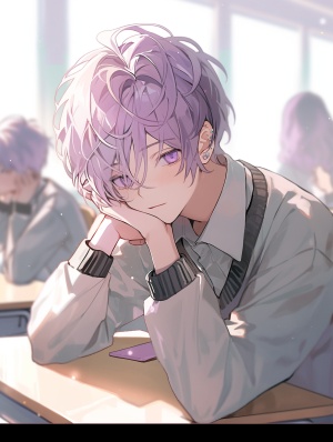一个忧郁的男孩，淡紫色头发，眼角有泪痣，他正在教室内坐着，用手托起腮帮，正在发呆