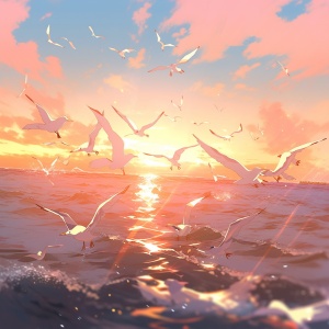 一群海鸥在阳光下飞越海洋的图像，