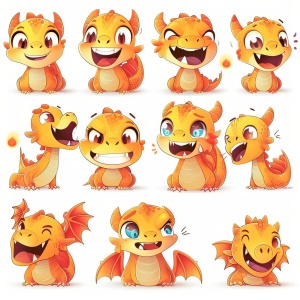 A cute little dragon, all kinds of expressions, happy, sad, angry, expectant Smile, disappointment, cute eyes, white background, illustrations, emojis as illustration sets, bold comic line styles, dynamic poses deep white。