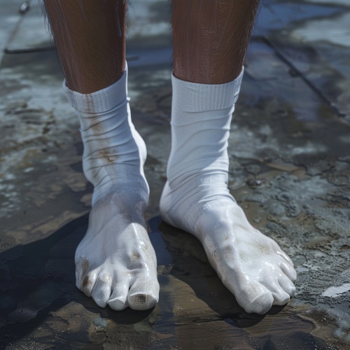 一位帅气的帅哥他穿的白色袜子。他的白色袜子也被汗给浸湿了，上面都是汗液。他穿着白袜子的脚底板有一些泛黄，还有点脏。