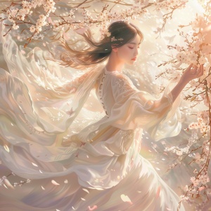 女神，高冷，仙气飘飘白衣长裙，桃花，阳光，明媚