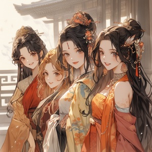 5个古风美女，紧致的五官，姣好的面容，穿着浅色汉服，棕色的长发，古代女子发饰，戴着漂亮发簪，心情愉悦看向镜头，站着，古代庭院走廊，中国古风风格，