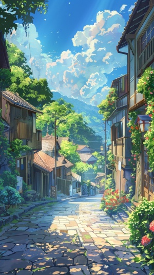 一个宁静古朴的村落，阳光洒在青石板的道路上，反射出温暖的光泽。