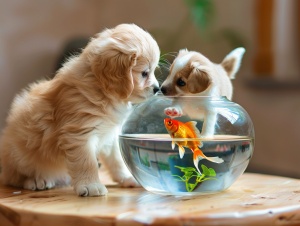 小猫够不着，搭在小狗身上捞鱼缸里的金鱼。