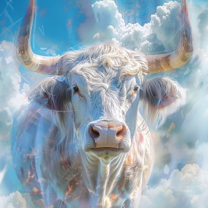 一头长着大角的白色公牛,头高高抬起,背後是蓝天和云朵的背景。这张照片是从俯视角度拍摄的,展示了长角牛雄伟的姿态。这幅图像使用数字绘画技术创建,以明亮的颜色突显细节。通过特写镜头展示了一种神秘感,呈现了数字绘画风格的惊艳视觉效果。
