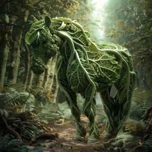 由白菜制成的马,背景是奇幻森林,逼真的照片,高清