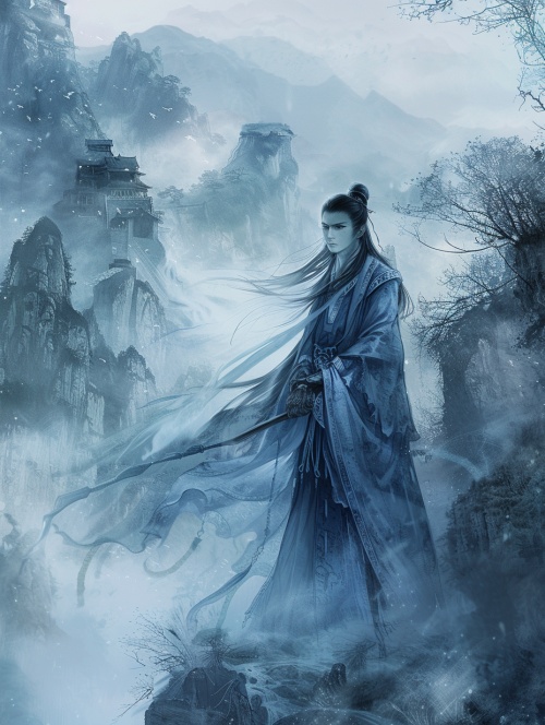 北魏时期，一个年轻男人，护卫，站立，长发飘逸，一袭蓝衣，手持兵器，面容冷峻，却带有一丝神秘的美，夜晚，站在迷雾当中，山林，寺庙，流泪的佛像
