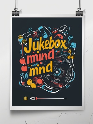 Simple music poster withSimple music poster with the text "JUKEBOX MIND", viny| record illustration, in the style of vintage poster design, groovy, letterism, 1960s, bold 3d letters, colorful cartoon, satirical tone v6.0ar 3:4s 750