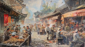 画面描绘滕子京治理下的巴陵郡，百姓安居乐业，市井繁荣，反映出政治清明、社会和谐的景象。