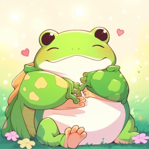 一只可爱的小青蛙；和小猪拥抱，比心，开心，难过，大跳，