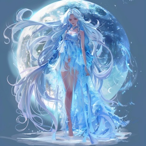 冰属性月亮元素。 比较活泼。17女孩 会用魔法 女生 蓝色渐变长头发
