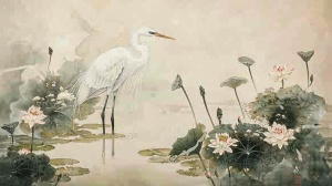 白色苍鹭站在水里上,周围是盛开的睡莲和莲花。这幅中国画使用了水墨技术,湿对湿的融合手法营造出一种优雅的美学效果。背景是柔和的米色,以强调白色鸟儿与绿色植物的对比。这是一个宁静的场景,捕捉到了水墨画风格的天然之美。