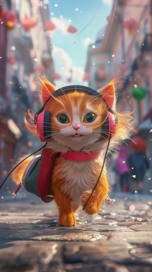 卡通萌宠猫咪，长发飘飘，戴着耳机带着书包，快乐的走在街道上，8k高清