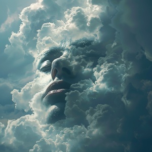 天空里，白云组成的巨大人脸，俯视着镜头，边缘光，高清