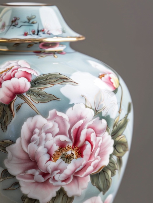 一支精致漂亮的瓷瓶里插着一支盛开的牡丹花，精美，精致，大师杰作