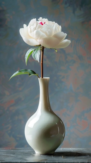 一个精致漂亮的瓷瓶里插着一支盛开的牡丹花，精美，精致，大师杰作