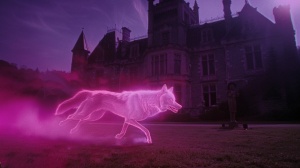 pink shiny wolf ghost running in front of the castle at night, wide angle, 1980's soap opera scene, 1980's dvd screengrab,