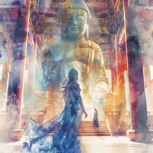 Watercolor halo effect, strong light and shadow effect, in a Chinese temple with Dunhuang color scheme, the back of a small ancient Chinese woman with long hair and Hanfu, a Qing Dynasty girl, standing in front of a huge Dunhuang Buddha statue, her clothes dancing in the wind, Dunhuang color scheme, Dunhuang murals, mineral pigments, Chinese style comics, book cover design, graphic illustration, movie poster design, transparent light, artistic ink, excellent light and shadow, perfect composition niji 6 ar 3