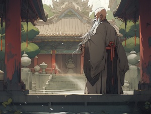 中国古代风格，一个老和尚，秃头，花白胡子，正脸，中国唐装，穿着袈裟，面向前方，背景古代院子内！大师作品