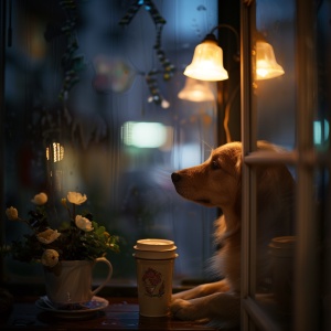 window,flower,no_humans,blurry,night,animal,dog,cup,blurry_background,lamp,indoors,depth_of_field,dog v 5.2