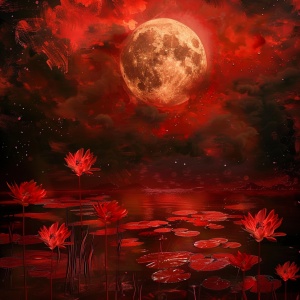 红月下，红色的彼岸花上沾着红色的液体，黑暗而鲜艳