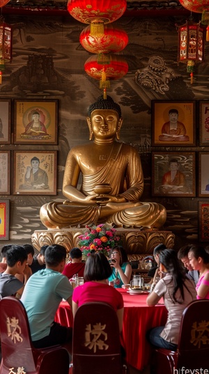 在中国的一座寺庙里,有一个古老的金色雕像,里面有许多微笑的佛像。墙壁上挂着黑白相框的照片。在一端还有另一个红色的桌布,上面摆着几年的时间的花卉,底部有“hFEystem”字样。一群人围坐在金色的青铜坐像旁边。他们都穿着华丽的中国风格服装,非常漂亮。这些照片在自然光线风格下显得逼真。