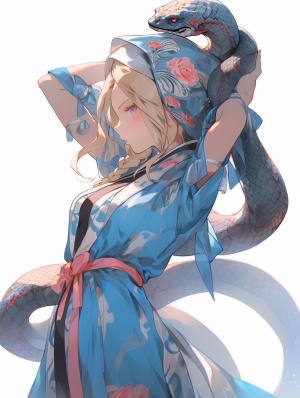 一个美女，头上有蓝色蝴蝶结，蓝色和粉色相间的裙子，美丽动人，水蛇腰，完美身材，