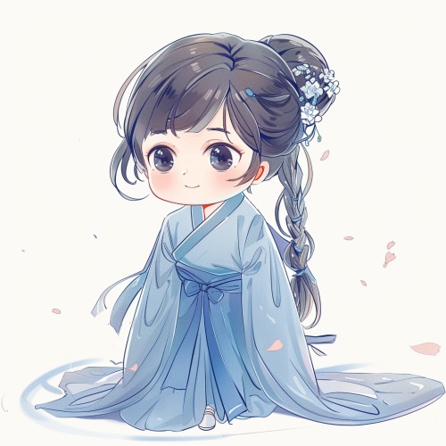 Little girl, blue Hanfu, classical and exquisite, full body picture, chibi, 9 postures and expressions, emoticons [dizziness, joy, anger, crying, sadness, cuteness, anticipation, laughter, disappointment and shyness, drowsiness, eating, dizziness, expressing love, etc.], line art, paper art, white background