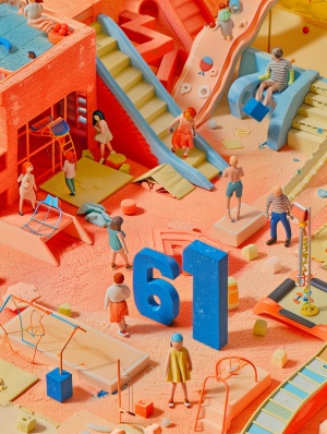 地面由建筑图纸组成的游乐园，上面放置了站立的3D数字“61”。数字的样式是蓝色、红色和一点黄色纹理。还有滑滑梯和蹦蹦床。有一些幼儿园孩子站着，坐着，跪着，躺着，有些孩子在玩玩具，有些孩子在荡秋千，地上有一些散落的积木与彩色球，背景是浅橙红色的。它具有微距摄影、高清细节、广角镜头、对称构图、冷调、闪光灯和突出的图案。鸟瞰图、航空摄影、高分辨率和清晰的细节