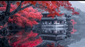 Chinese style architecture, red maple trees by the lake in front of Chinesestyle buildings, colorful photo, dark gray and light pink styles, stone garden landscape design, charming scenery, high definition photography, surrealism, water reflection.8K​