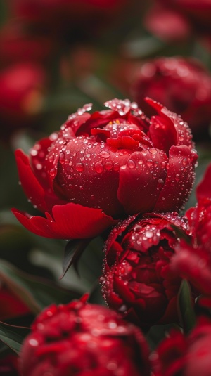 红色牡丹花上沾满露珠的真实美
