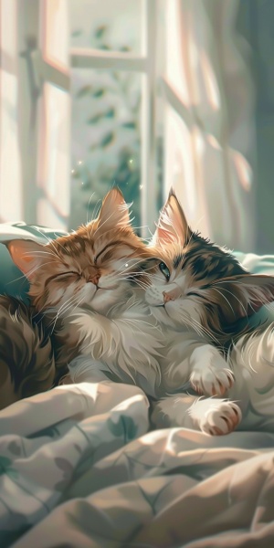两只动漫风格的猫咪躺在床上，一只猫咪从后面抱住另一只猫咪，画面简洁，猫咪的表情可爱生动。