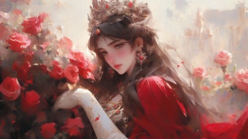 Your Majesty of the Rose,beautifulelegant Queen of rose,oil painting,redrose,palace,luminous impressionism,character caricatures,in the style of mihohirano,fantasy story niji 5styleoriginal