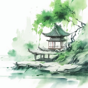 一幅简约的“外科医生桌”插图,以中国书法风格的墨水画为特色,色调为绿色和白色。场景包括河岸边的一座小型古建筑,周围流动的水形成了三色波浪。细腻的笔触沿着边缘优雅地创造出涟漪,为宁静的氛围增色添彩。这件艺术品通过简约的元素体现了传统美学,同时捕捉了宁静的自然美景。