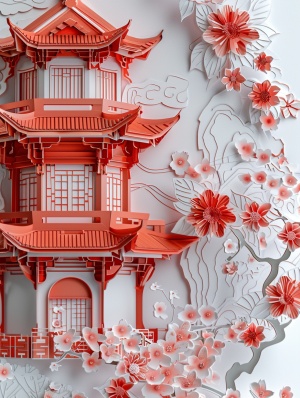 Traditional Chinese architecture, Oriental landscape painting, Multi - dimensional paper kirigami craft, paper illustration, Chinese illustration on white background, above super wide angle, dreamy, 4K, romantic, trending on Artstation, spring, 3d relief