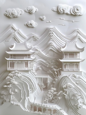 Traditional Chinese architecture, Oriental landscape painting, Multi - dimensional paper kirigami craft, paper illustration, Chinese illustration on white background, above super wide angle, dreamy, 4K, romantic, trending on Artstation, spring, 3d relief