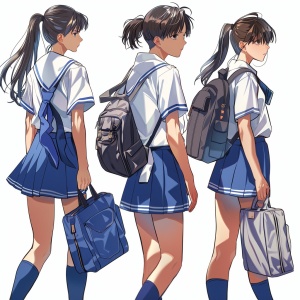 高中生，高马尾，蓝白色校服，背着书包，青春