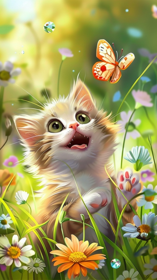 卡通萌宠猫咪，在花丛中追逐透明水晶蝴蝶，草地上遍地小花五颜六色，精致图案，大师作品，8k高清