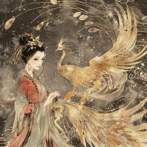 中国风美女和金凤凰，古风仙女和金凤凰