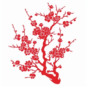 极简的，关于中国剪纸，关于梅花，梅花平面，单层，矢量剪影，梅花，镂空，红色，无阴影，白色背景