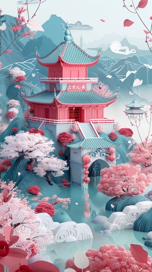 描述词：Traditional Chinese architecture, Oriental landscape painting, Multi - dimensional paper kirigami craft, paper illustration, Chinese illustration on white background, above super wide angle, dreamy, 4K, romantic, trending on Artstation, spring, 3d relief s 300 ar 3:4