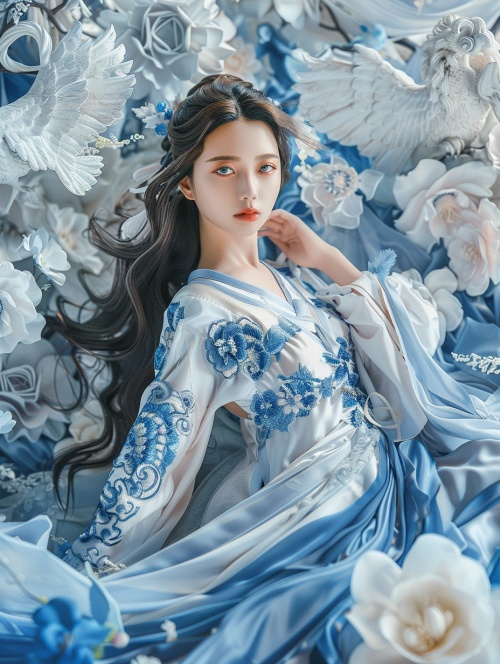 A beautiful girl with long flowing hair and a Chinese design dress with blue and white porcelain patterns stood in front of a figure sculpture art background, covered with flowers in the air. She has delicate facial features and exquisite makeup, blue eyes, high-resolution photos capture her true and delicate facial features, perfectly composed in ultra-high definition, presenting a full-body portrait with very detailed facial features.