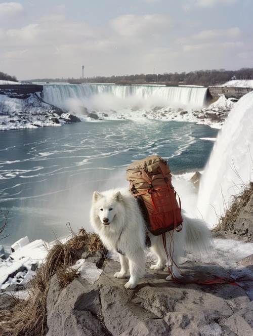 想象一只憨态可掬的萨摩耶犬，，背着一个旅行的背包，踏上了环游世界的旅程。这只萨摩耶犬在专业摄影师的镜头下，成为了一名独特旅行者。在尼亚加拉瀑布，柯达(Kodak)，Portra 800胶片，摄影师丹·温特斯，摄影技艺的巅峰,国家地理