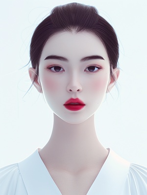 3D illustration , elegant Shanghai woman , upper body , random shots , beautiful eyes , long eyelashes , red lips , smooth lines , volumetric light , pure white background , blues color , minimalist , ethereal Zen , high definition . ar 3:4- niji 63D插画，优雅的上海女人，上半身，随意拍摄，美丽的眼睛，长长的睫毛，红唇，流畅的线条，体积光，纯白背景，蓝调色彩，极简，空灵禅意，高清。