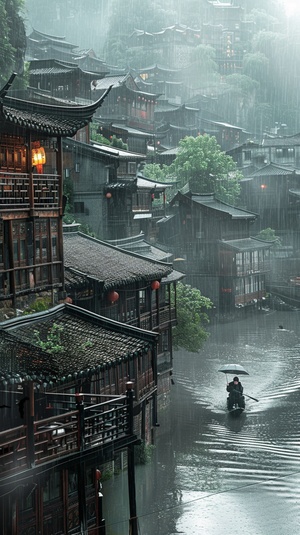 烟雨江南，雨中的凤凰古城，河边，木式三层建筑，真实拍摄，高清