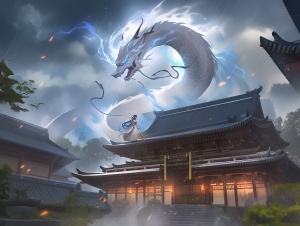 中国古代风格，院子，一条白色的大蛇，飞冲上天，闪电，大师作品，高清画质,