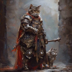一只猫，威武霸气，身穿铠甲，负责任，猫中元帅，看着像在动一样，极强的威慑力，又非常招人喜欢，一身正气，