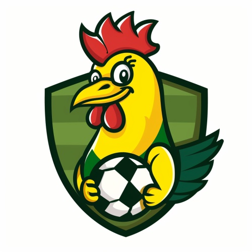 鸡抱着足球的卡通形象，足球队队徽，黄色和绿色搭配，盾牌型